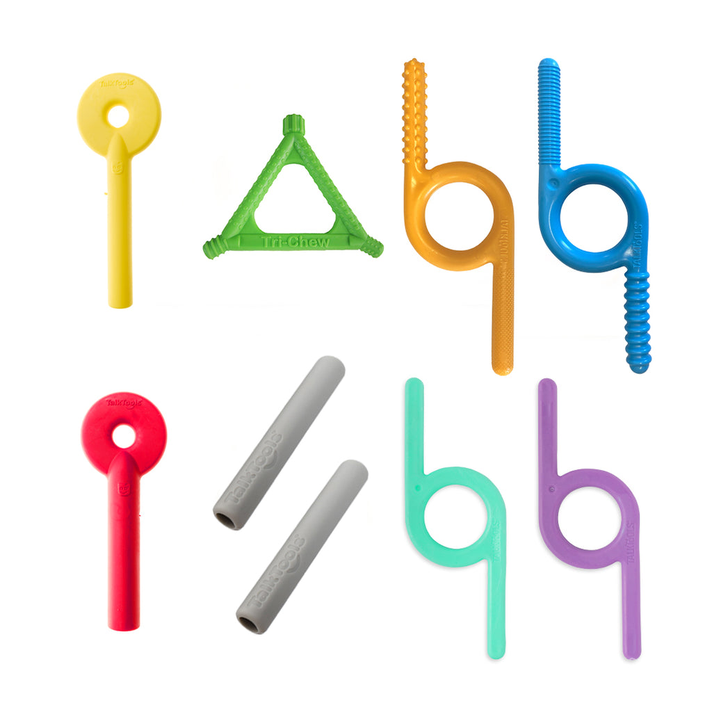 TalkTools Chewy Bundle featuring colorful oral motor therapy tools, bite tubes, and textured sensory chewzies.