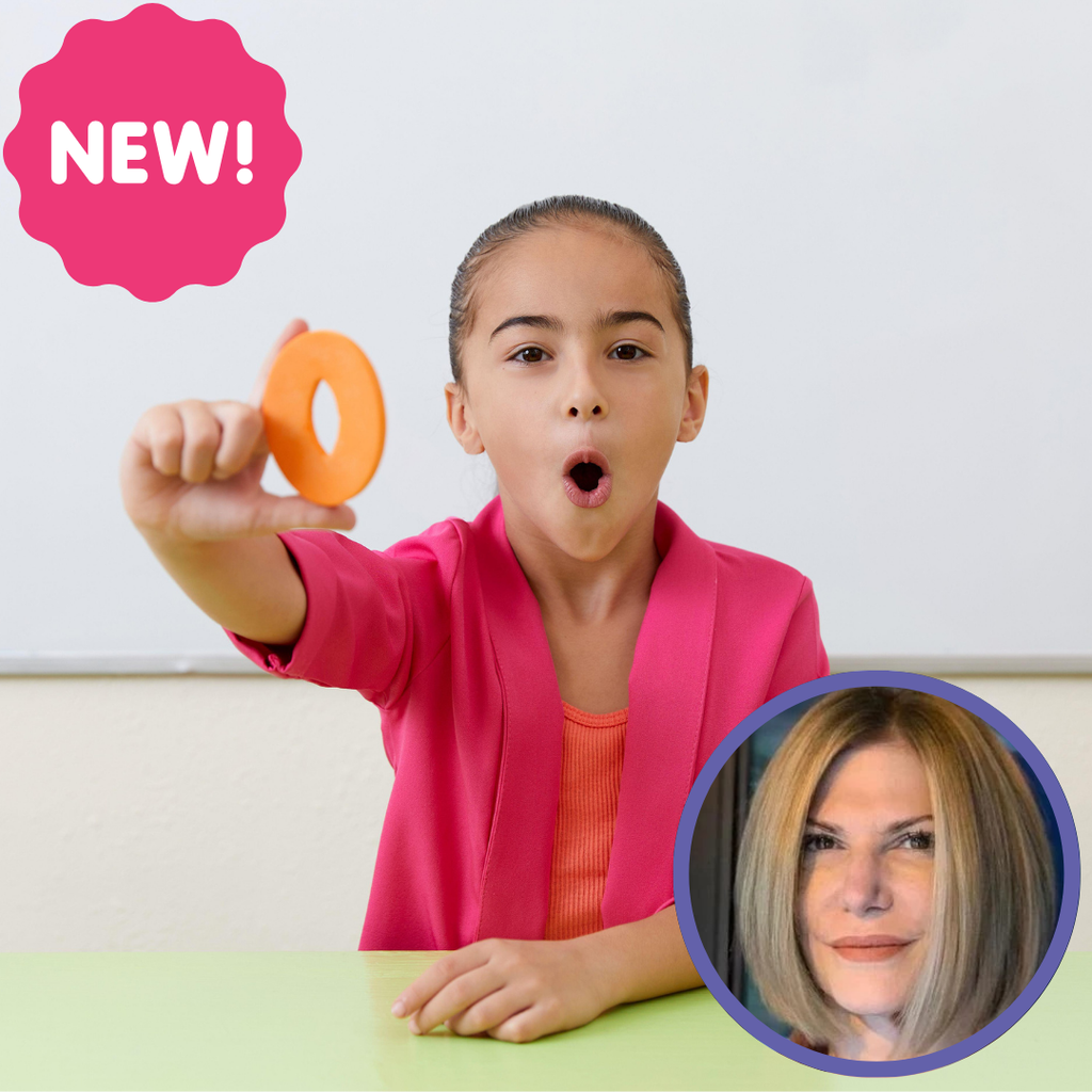 Child in a pink blazer holds an orange ring, demonstrating articulation; inset shows a woman with straight hair.