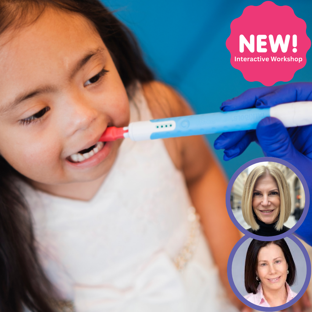 Child using a MYOTools™ interactive lab tool, with two instructors' headshots in the corner and a pink "New!" badge.