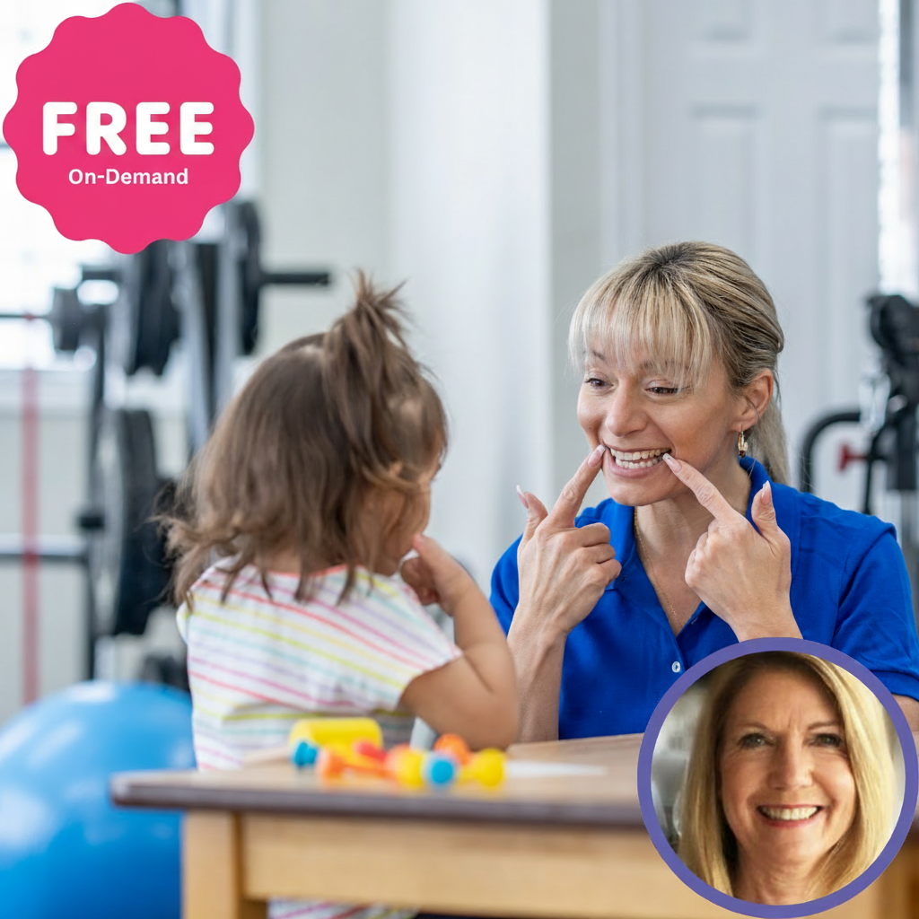 A woman demonstrating facial expressions to a child in a therapy setting, with a pink "Free On-Demand" badge in the corner.