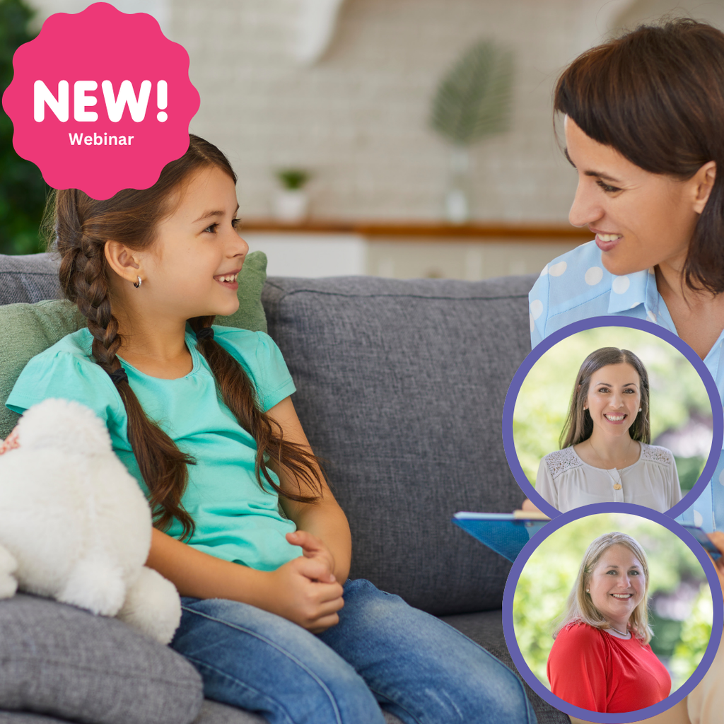 Webinar announcement featuring a smiling girl on a couch, with two women in circles, discussing speech therapy.