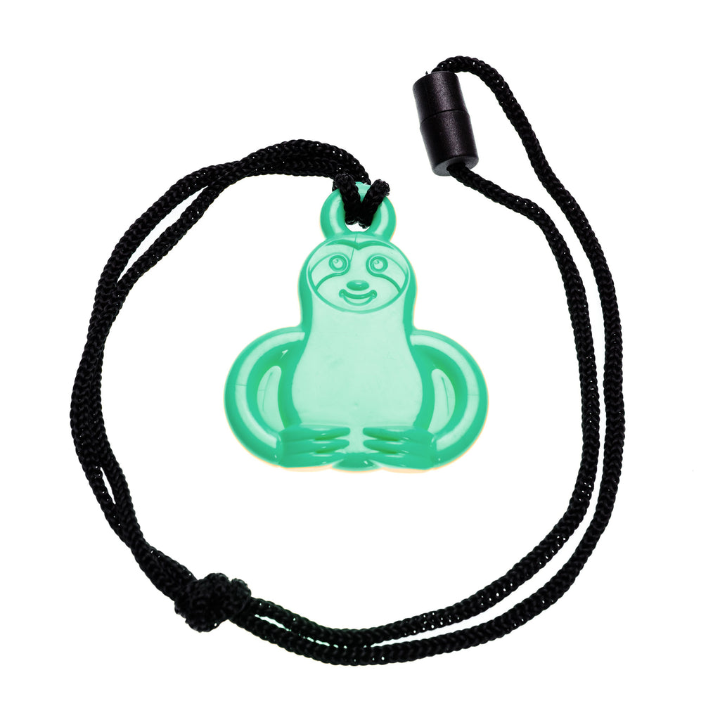 Green sloth-shaped sensory chew necklace on a black cord with a safety breakaway clasp.