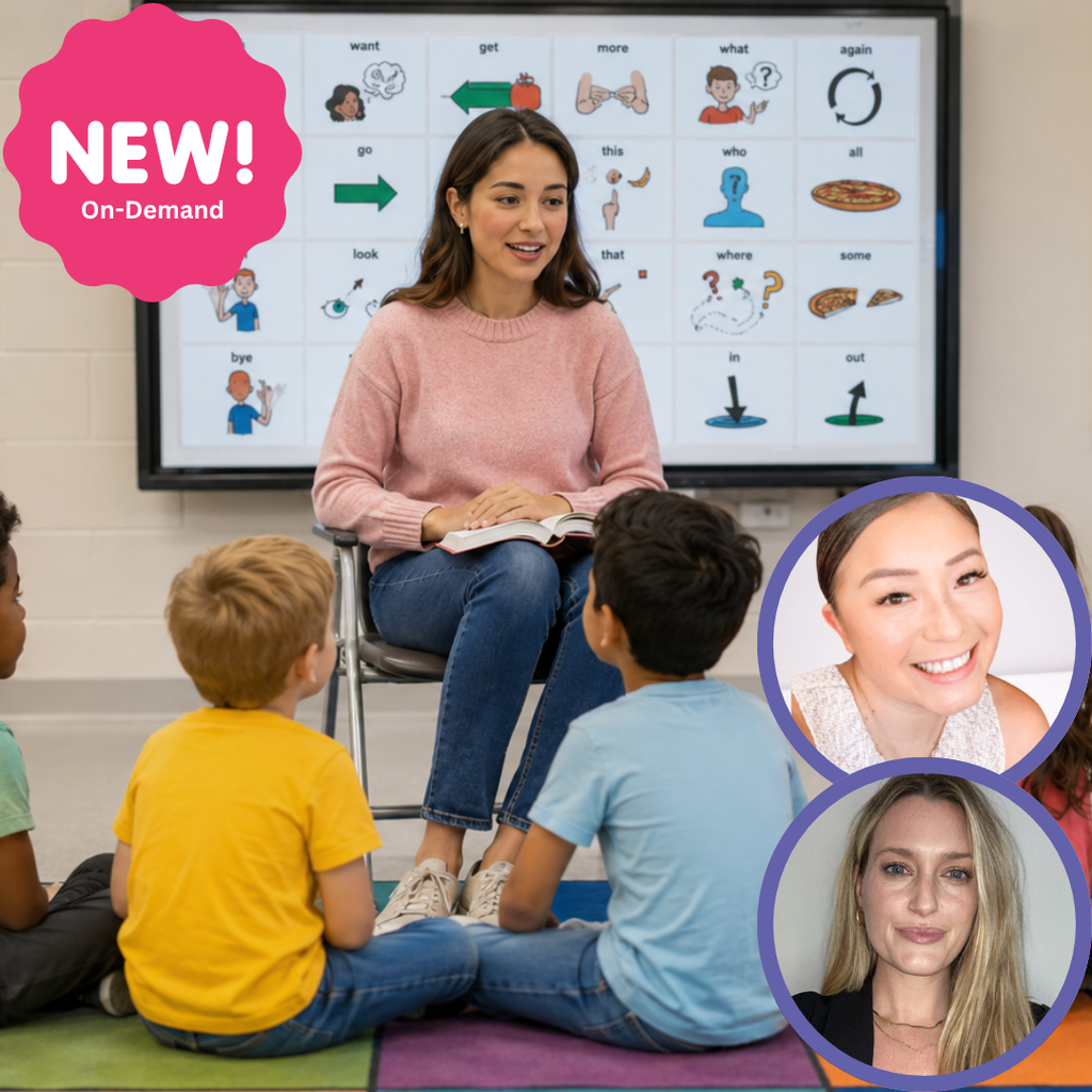 Teacher reading to children in a classroom with AAC symbols displayed on a screen, featuring two headshots in the corner.