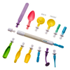 White TalkTools Sensi oral motor tool surrounded by twelve colorful plastic interchangeable tips in various shapes.