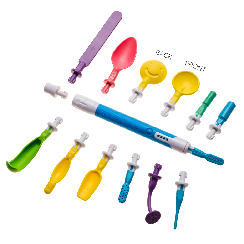 Blue and white TalkTools Sensi tool surrounded by twelve colorful plastic attachments in various shapes on a white backgro...