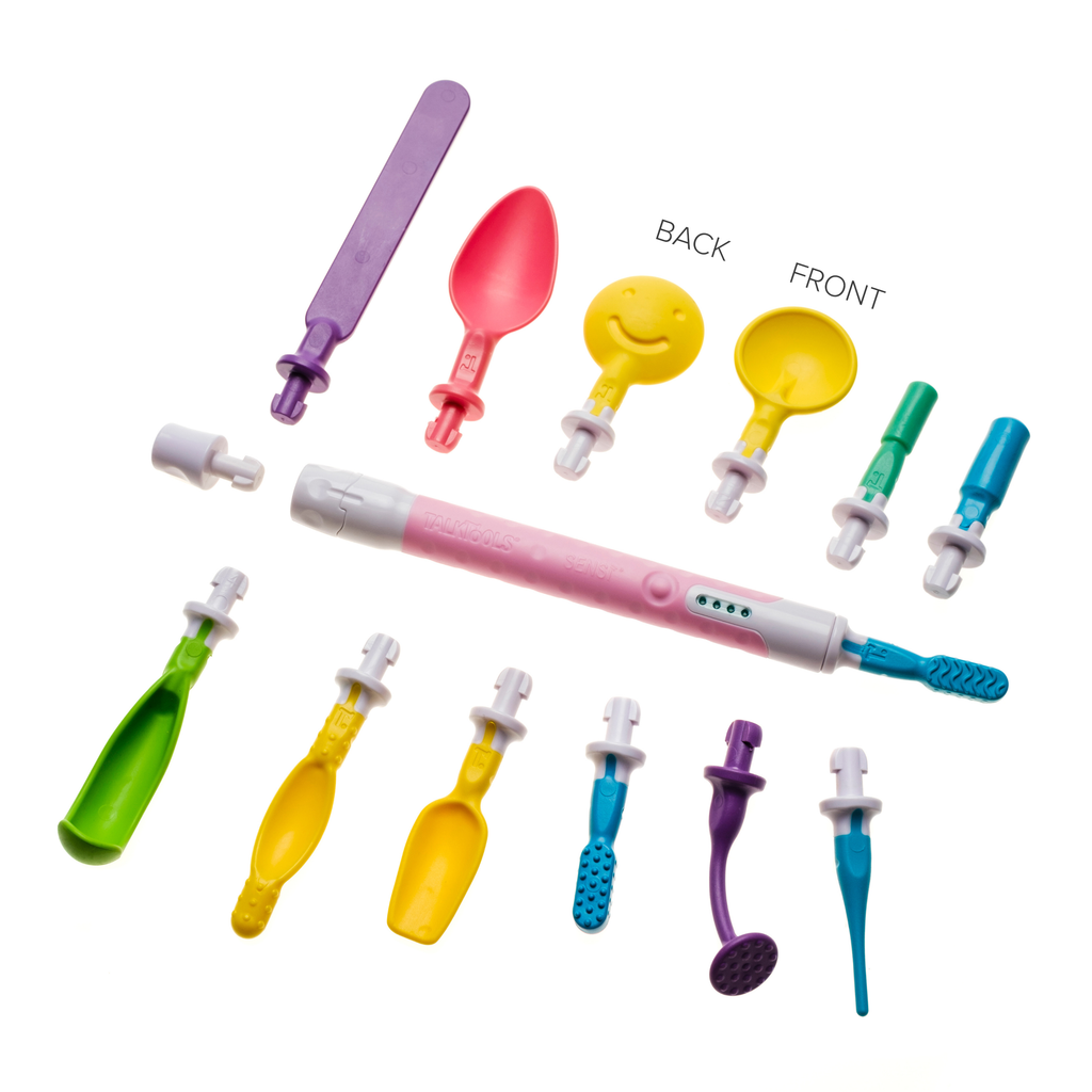 Pink TalkTools Sensi oral motor tool surrounded by twelve colorful plastic interchangeable tips on a white background.
