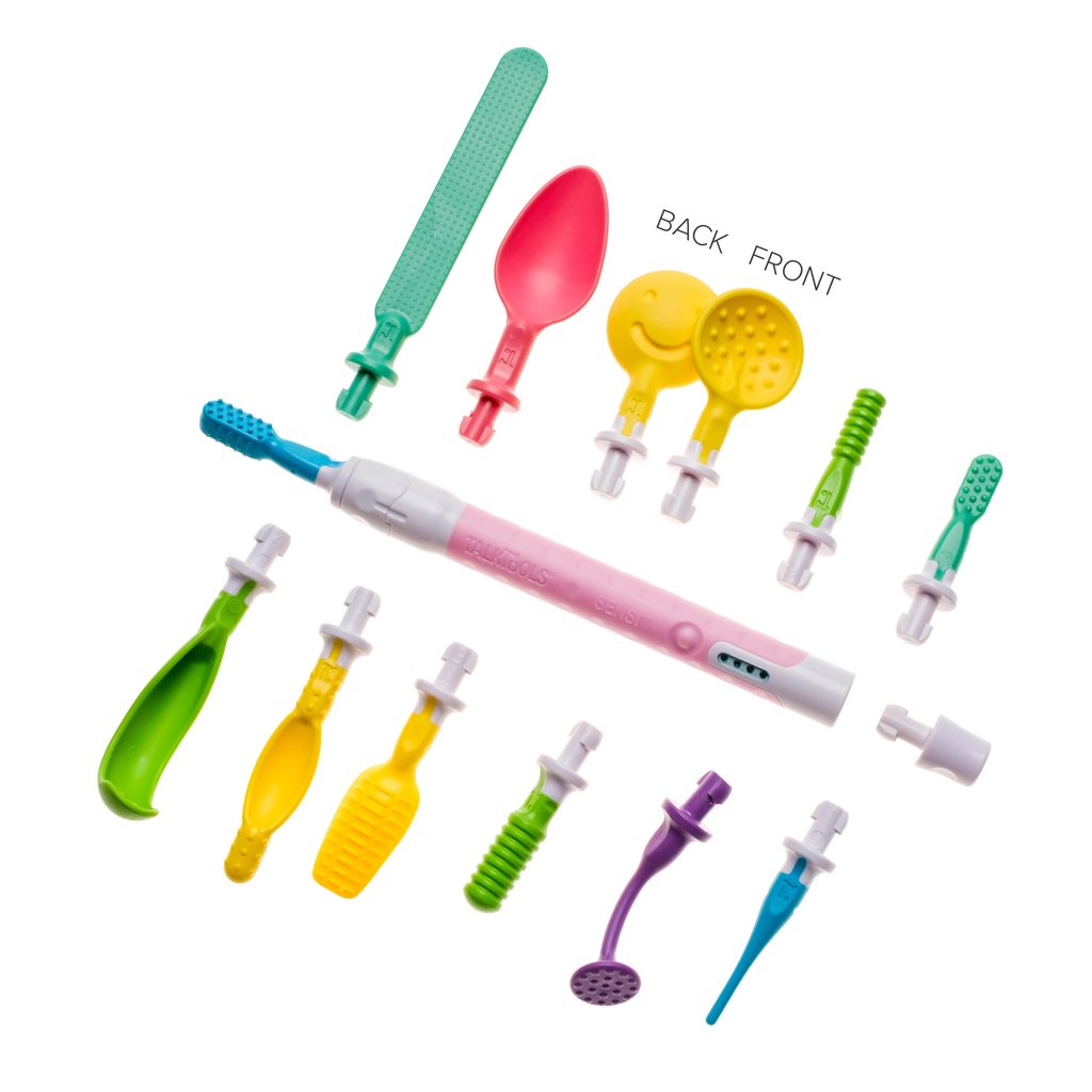 Pink TalkTools Sensi tool surrounded by twelve colorful plastic interchangeable tips in various shapes and textures.