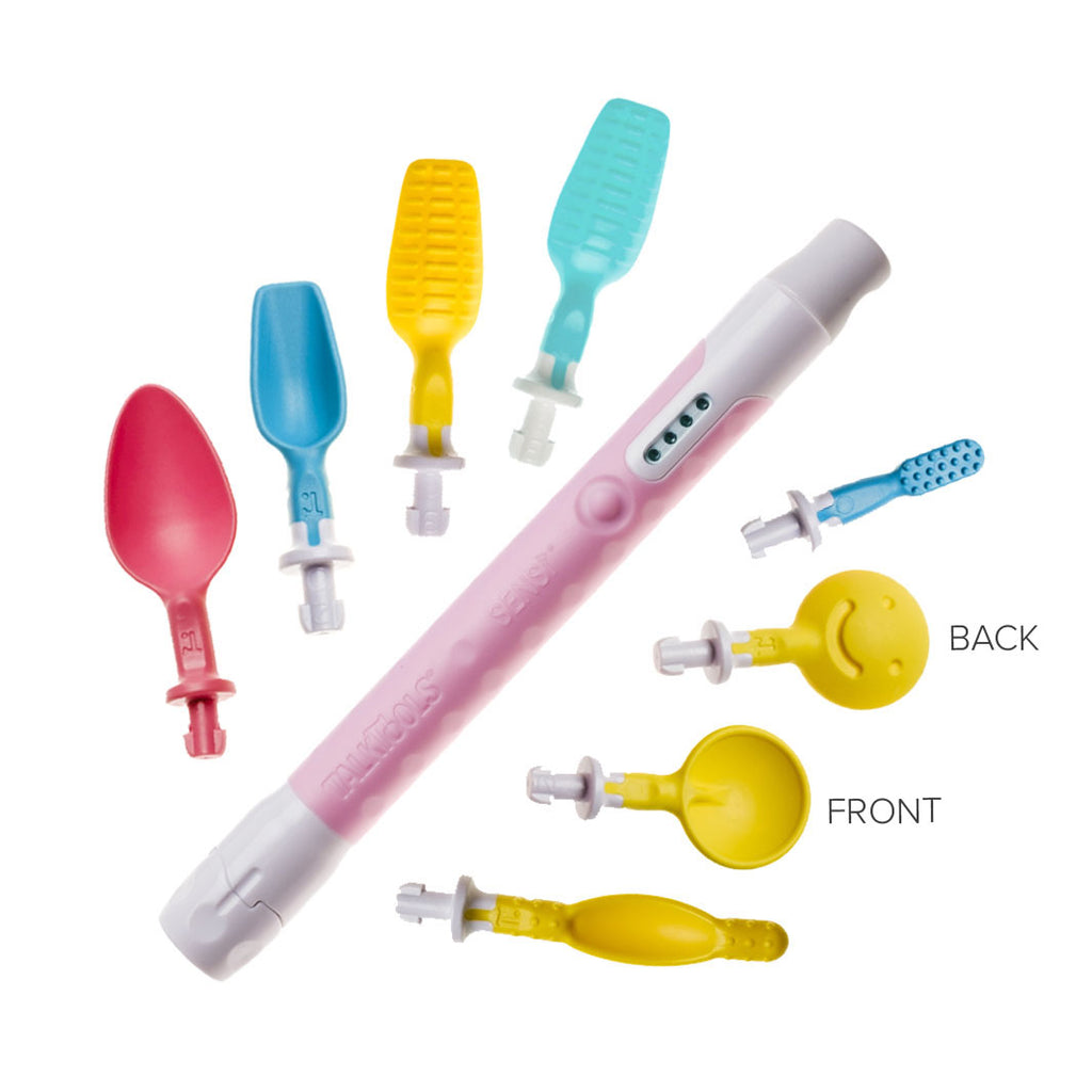 Pink and white TalkTools SENSI tool surrounded by seven colorful plastic textured tips in blue, yellow, and pink.