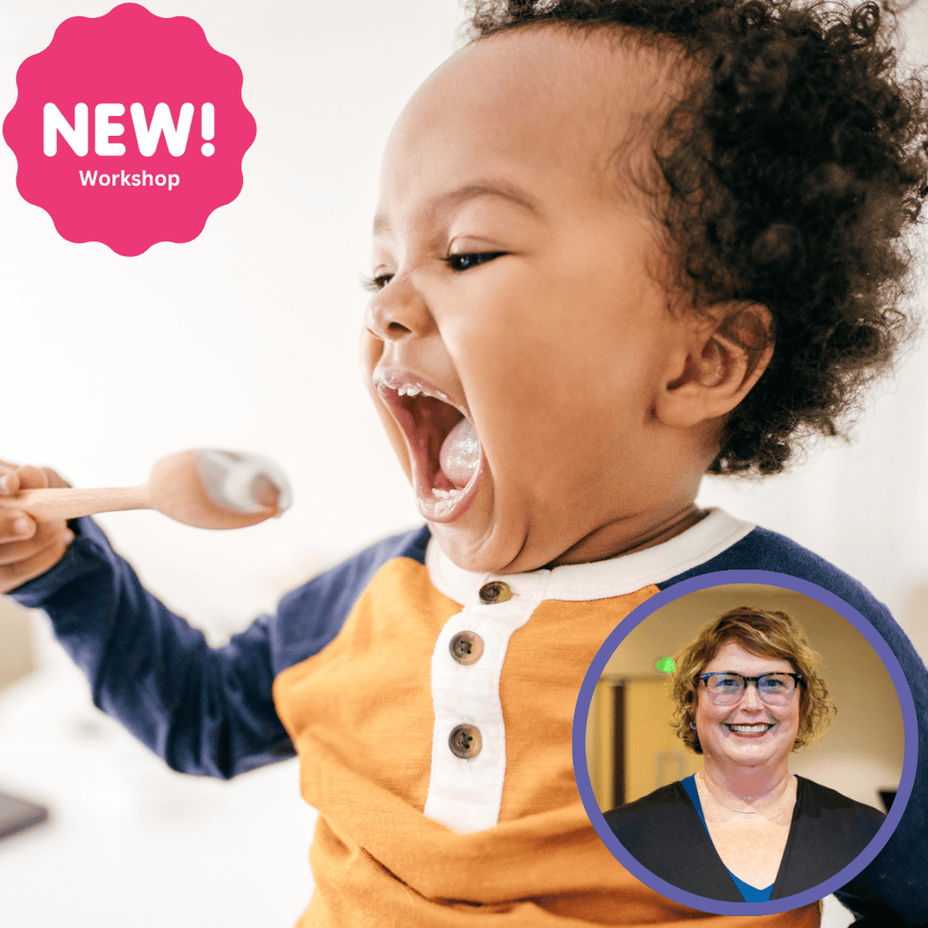 Child with curly hair joyfully eating with a spoon, alongside a circular photo of a woman smiling in a workshop setting.