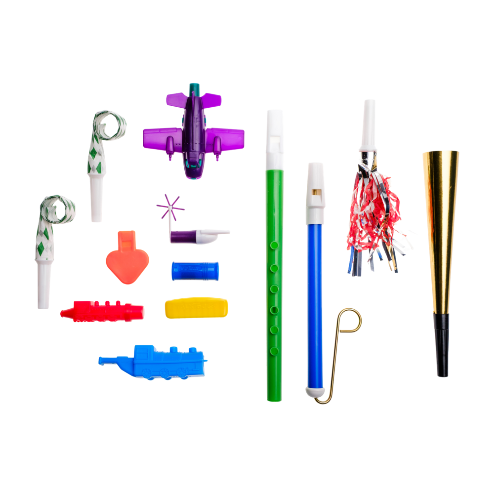 TalkTools Horn Kit featuring various colorful tools including whistles, horns, and noisemakers in assorted shapes.