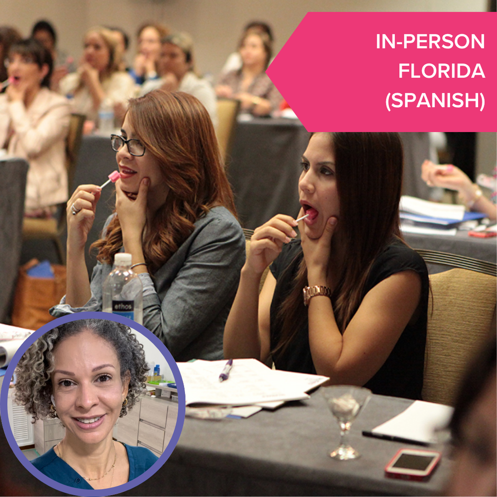 Women in a classroom using oral tools. Text: IN-PERSON FLORIDA (SPANISH). Inset shows a smiling woman with curly hair.