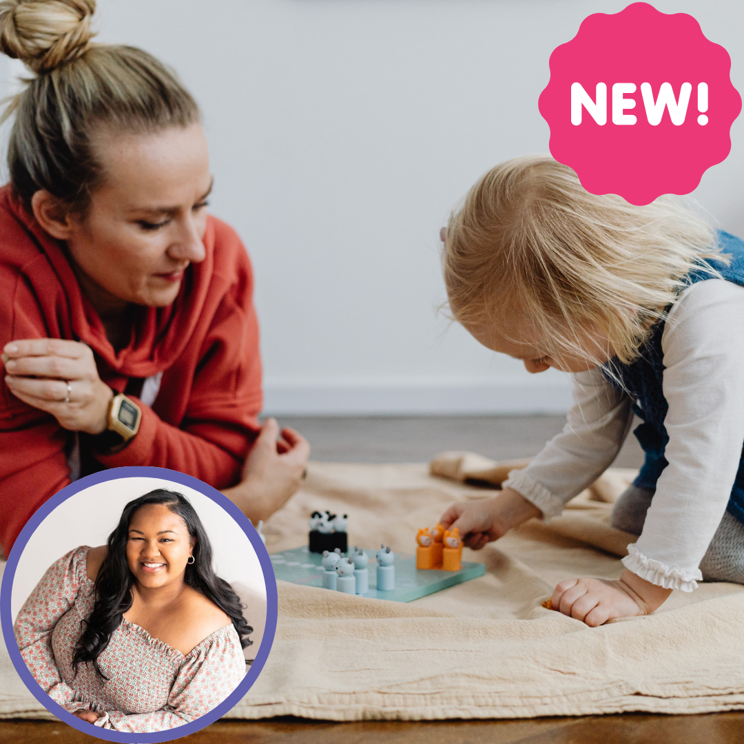 Caregiver and child in a play-based learning moment, course on neurodiversity for SLPs