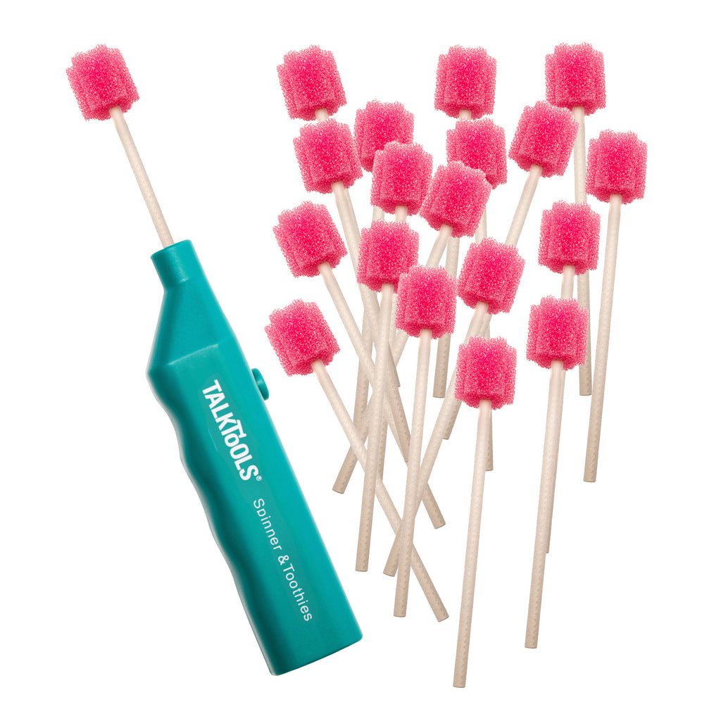 TalkTools Spinner and Toothies set featuring a teal handle and 20 pink foam-tipped applicators on wooden sticks.
