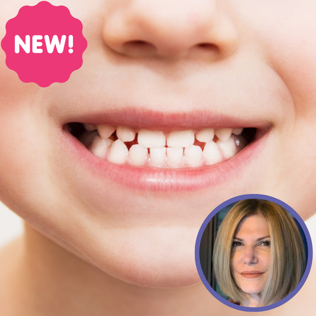 Child smiling with visible teeth, featuring a pink "NEW!" badge and a circular inset of a woman with blonde hair.