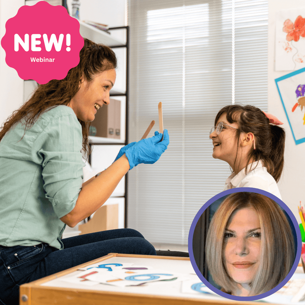 Webinar promotion featuring a woman with gloves interacting with a girl, both smiling, in a colorful learning environment.