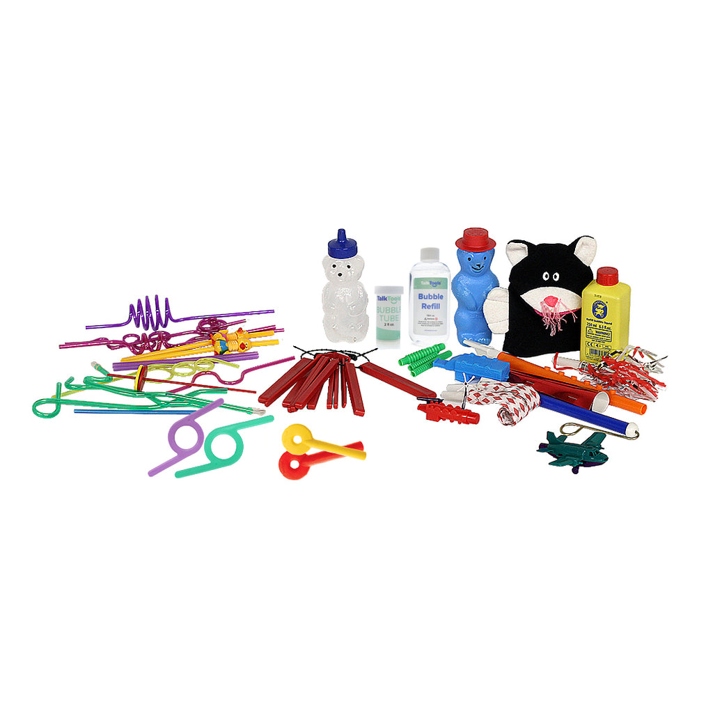 TalkTools OPT Starter Bundle with various colorful tools, including bear and cat figures, straws, and bubble solution.