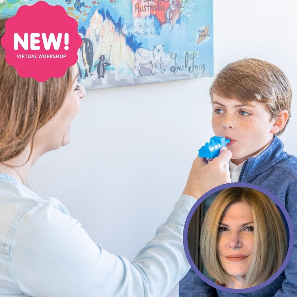 A child using a MYOTools device with an adult in a workshop setting, featuring a colorful background.