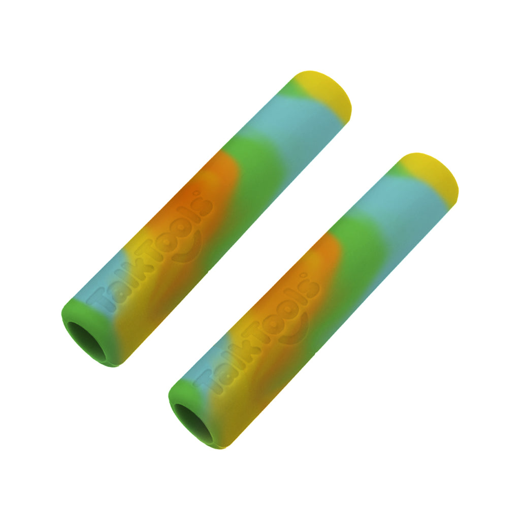 TalkTools Sensory Chewzies in tie-dye colors of blue, green, orange, and yellow, designed for sensory exploration.