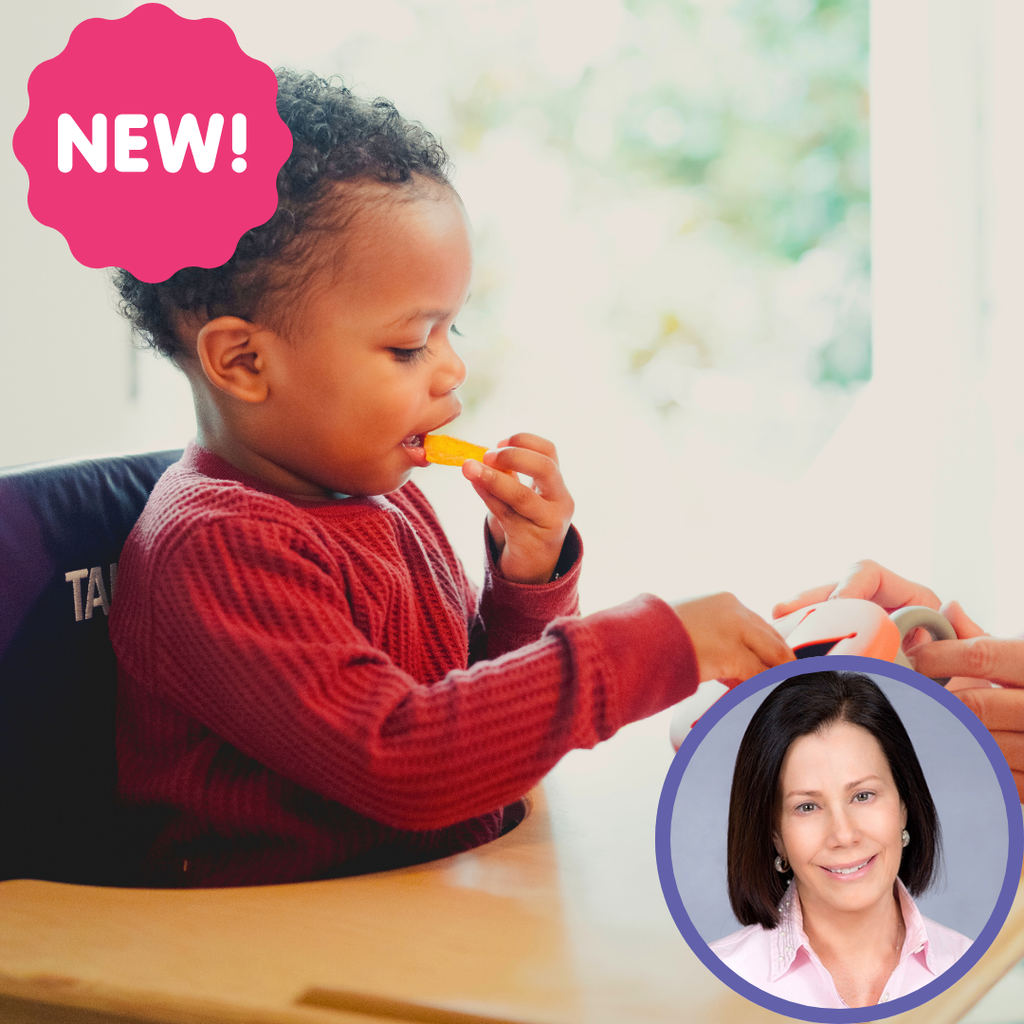 Child sitting in a high chair, eating a snack, with a circular inset of a woman in a professional setting.