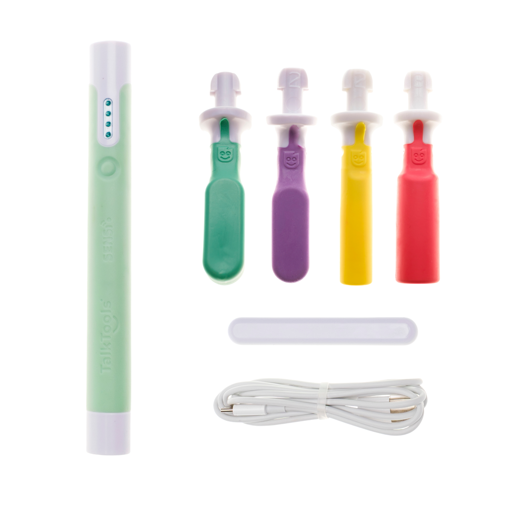 TalkTools Sensi rechargeable bite tube kit with four colored bite tubes and a charging cable, arranged on a white background.