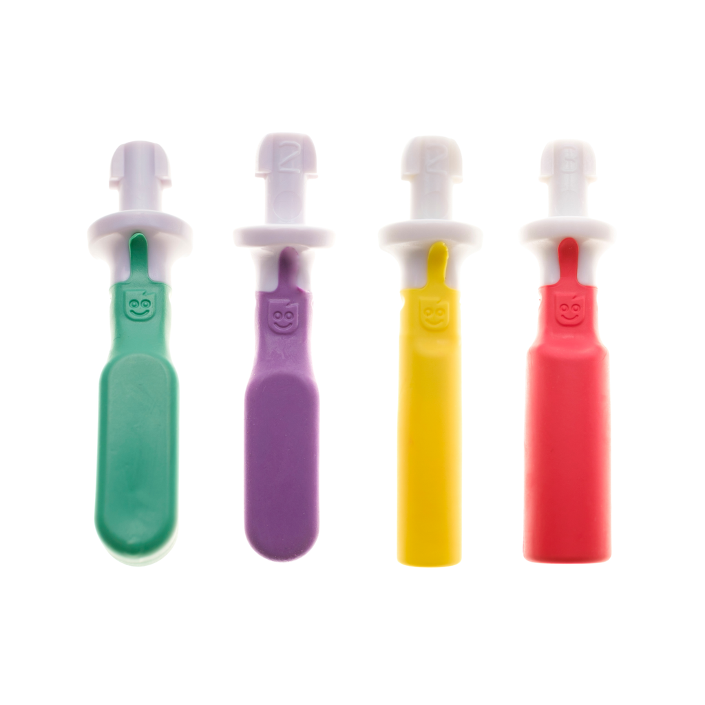 TalkTools Sensi® Bite Tube Tips in green, purple, yellow, and red, featuring smiley faces on the tips.