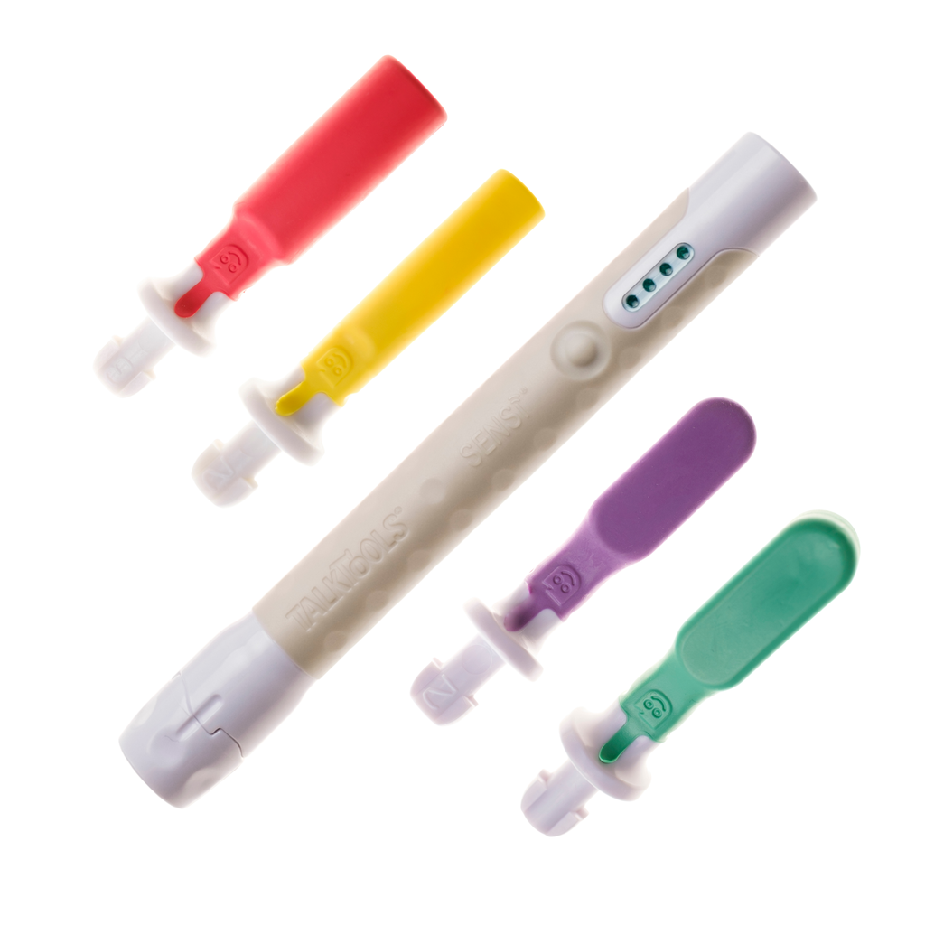Sensi Bite Tube Kit with four colorful bite tubes in red, yellow, green, and purple, alongside a white handle.